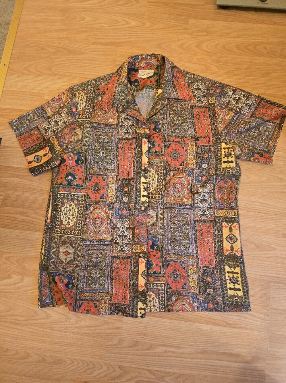 Vintage Men's Patchwork Print Button-Up Shirt in Orange and Yellow